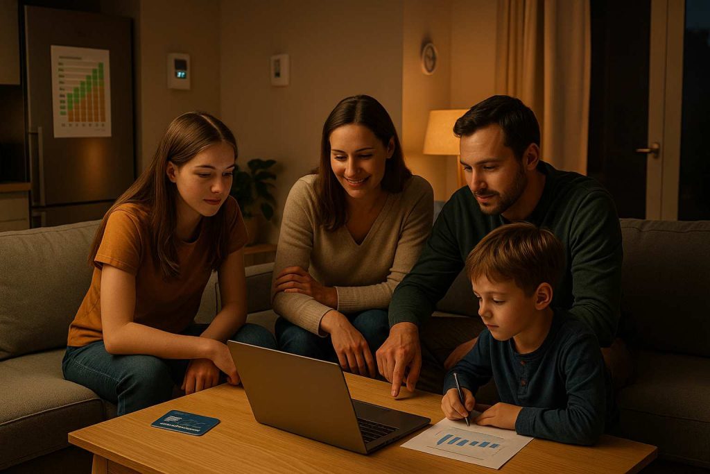 Familie in modernem deutschen Wohnzimmer bei Abendlicht, die gemeinsam am Laptop Haushaltsbudget plant; sichtbarer Energiesparkalender am Kühlschrank, smarte Thermostate und dezente ÖPNV-Jahreskarte auf dem Tisch.