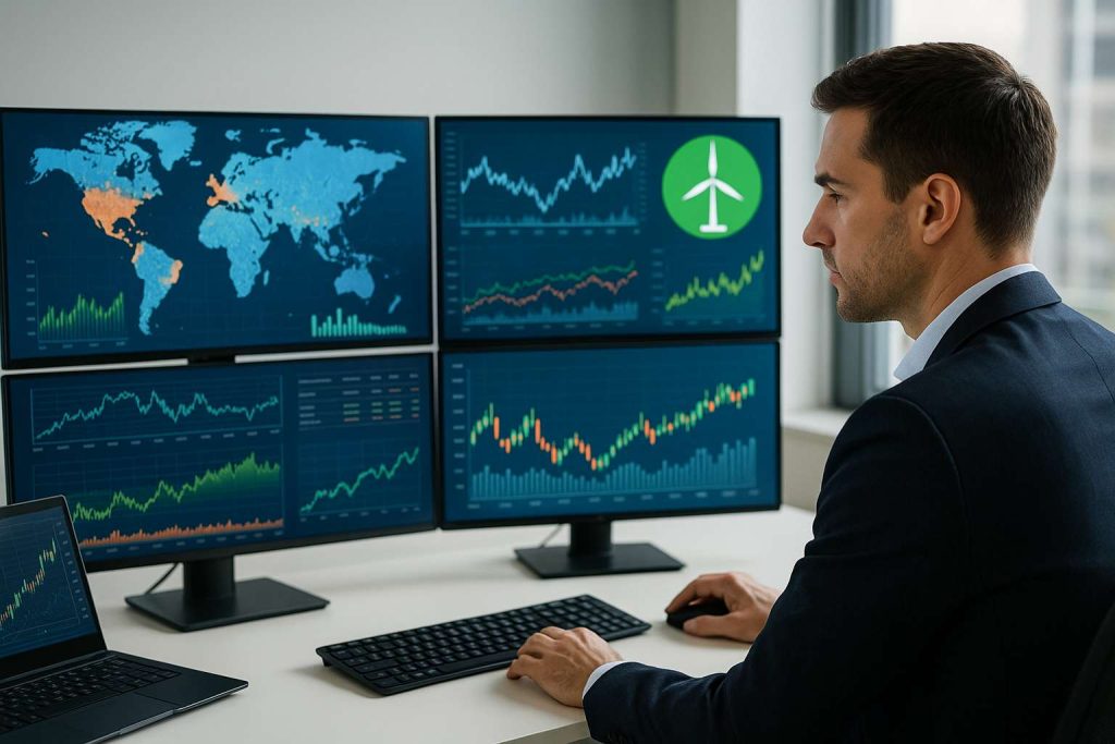 Ein moderner Anleger sitzt in einem hellen Büro an einem Schreibtisch mit mehreren großen Bildschirmen, die Weltkarten, Finanzdiagramme und Symbole für nachhaltige Energie anzeigen; realistischer Stil mit professioneller Atmosphäre. 