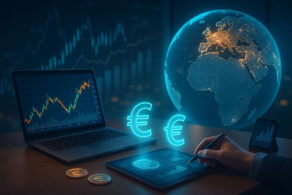 Uma ilustração digital realista em formato horizontal mostrando uma mesa moderna com laptop e tablet exibindo gráficos financeiros, hologramas de moedas digitais brilhando acima dos dispositivos e, ao fundo, um globo parcialmente iluminado que simboliza a conexão entre finanças pessoais e mercados globais em uma atmosfera tecnológica com toque humano.