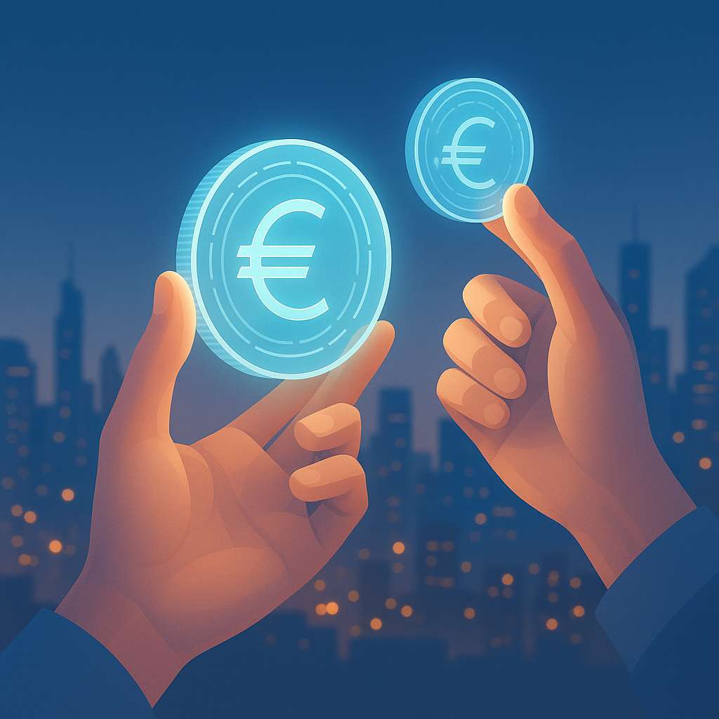 Uma cena futurista minimalista em formato quadrado mostrando mãos humanas segurando moedas digitais transparentes e luminosas, com um horizonte urbano iluminado ao fundo que transmite inovação, segurança e adaptação a novos modelos financeiros.